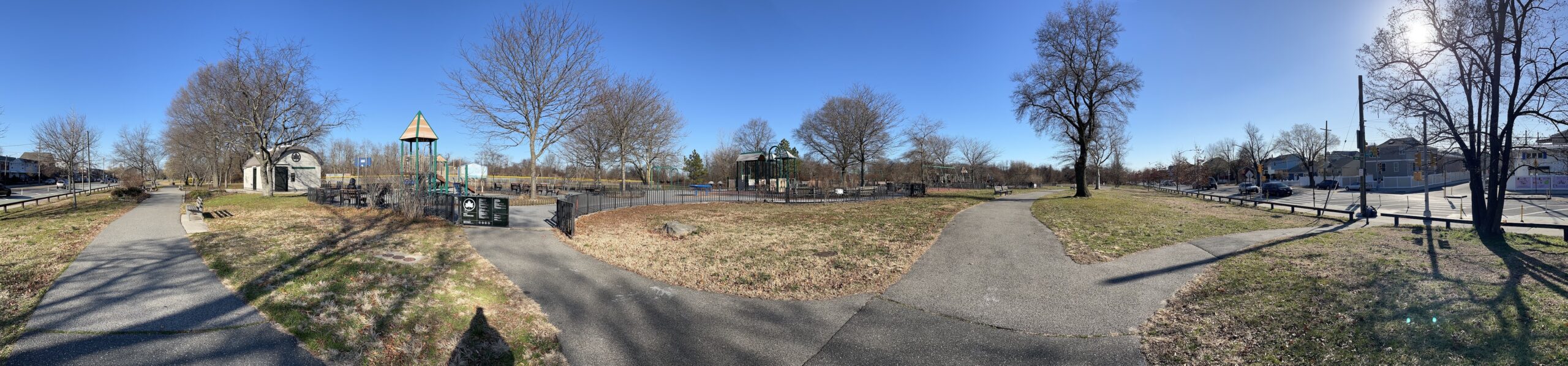 View of the park across the street from Elements Workspace in Gerritsen Beach, Brooklyn.